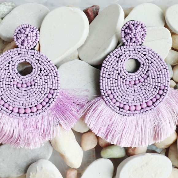 Lilac Beaded Tassel Earrings - Picture 2 of 4